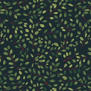 flying falling leaves in shades of green with red stems on dark green - medium scale
