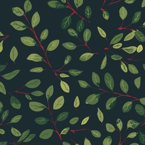 flying falling leaves in shades of green with red stems on dark green - large scale