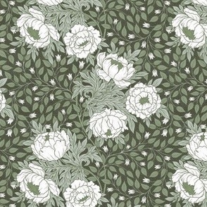 Art Nouveau Peony sage green on dark green background S scale