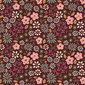 Botanical garden daisies flowers and leaves pink blue green cream on warm maroon red - MEDIUM SCALE