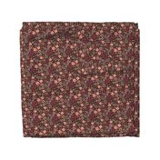 Botanical garden daisies flowers and leaves pink blue green cream on warm maroon red - SMALL SCALE