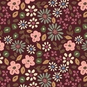 Botanical garden daisies flowers and leaves pink blue green cream on warm maroon red - SMALL SCALE