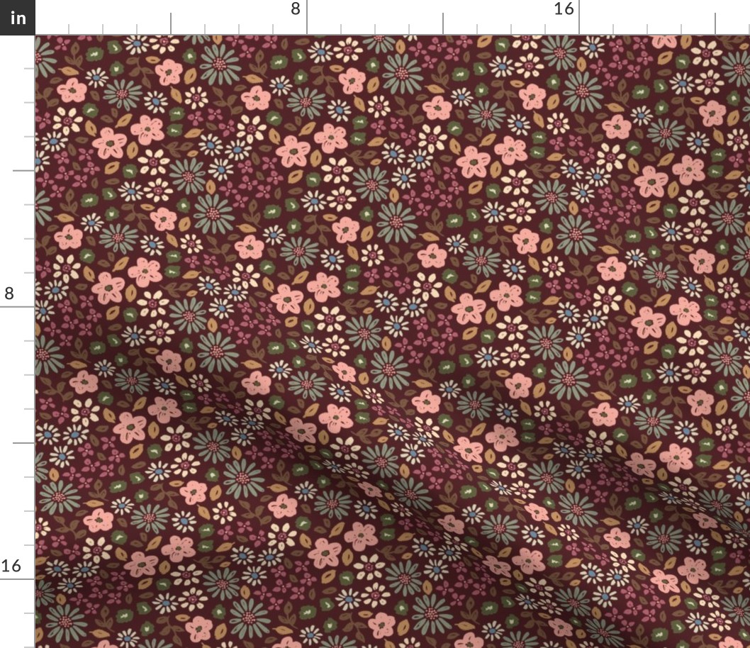 Botanical garden daisies flowers and leaves pink blue green cream on warm maroon red - SMALL SCALE