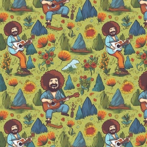 camping botanical with a guitar playing hippie