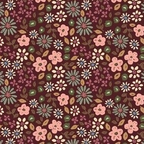 Botanical garden daisies flowers and leaves pink blue green cream on warm maroon red - EXTRA SMALL SCALE