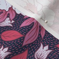 Art Nouveau Peony pink and red leaves on dark blue background L scale