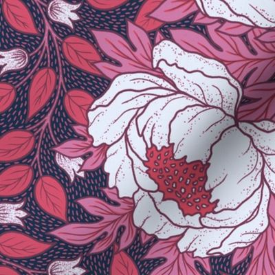 Art Nouveau Peony pink and red leaves on dark blue background L scale