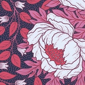 Art Nouveau Peony pink and red leaves on dark blue background L scale