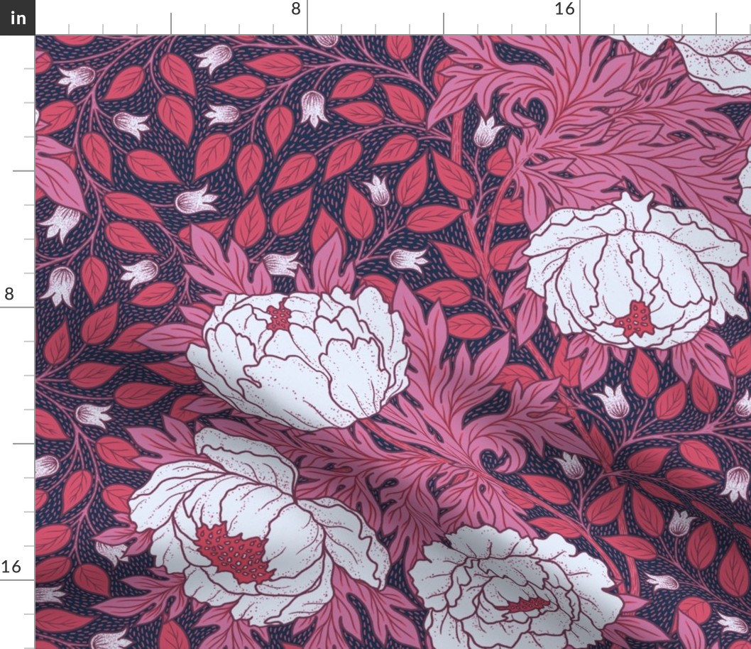 Art Nouveau Peony pink and red leaves on dark blue background L scale