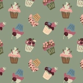 Festive party cupcakes fruit flowers pink blue on garden green - EXTRA SMALL SCALE