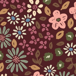 Botanical garden daisies flowers and leaves pink blue green cream on warm maroon red - EXTRA LARGE SCALE