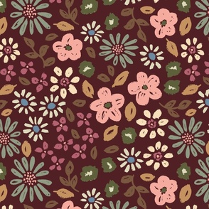 Botanical garden daisies flowers and leaves pink blue green cream on warm maroon red - LARGE SCALE