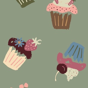 Festive party cupcakes fruit flowers pink blue on garden green - EXTRA LARGE SCALE