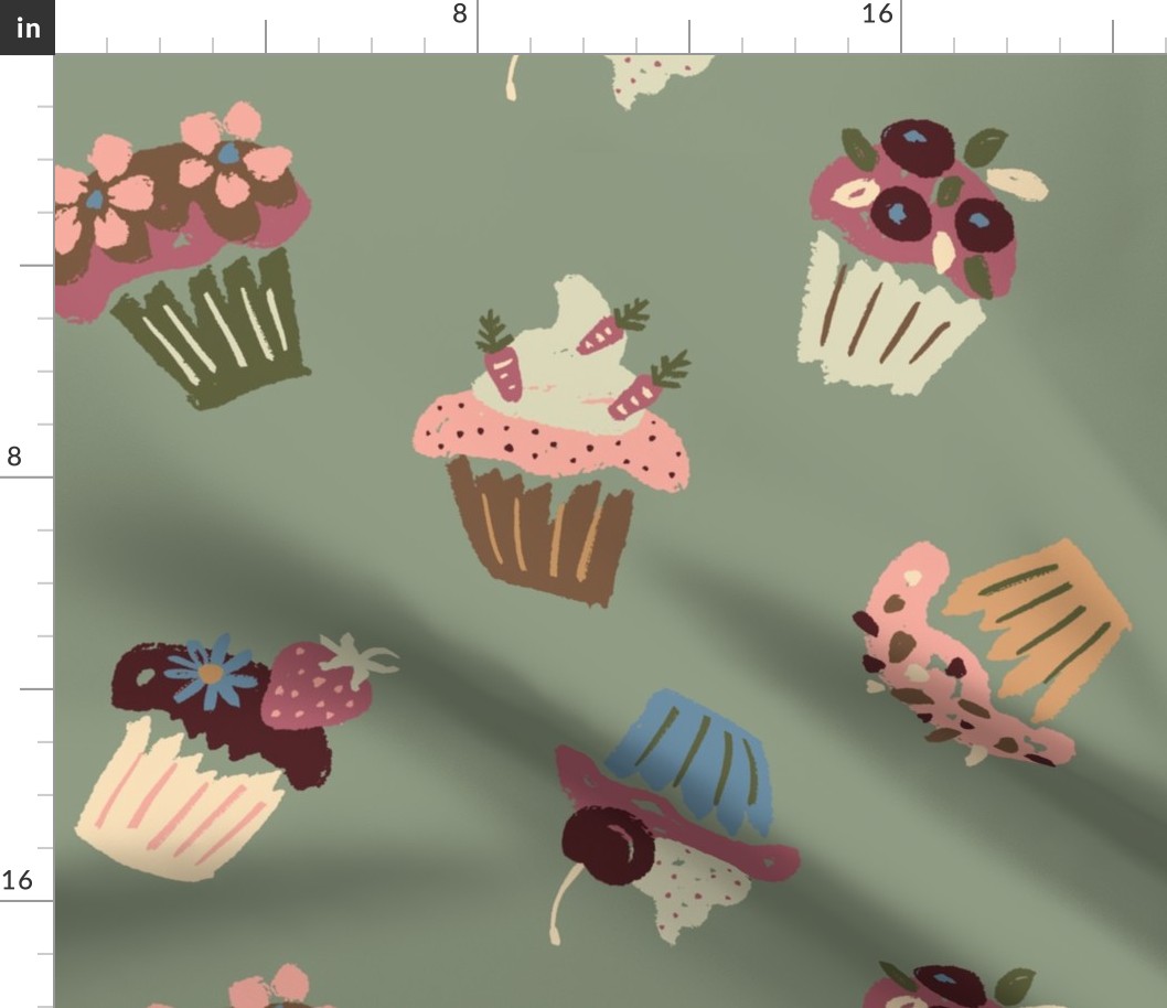 Festive party cupcakes fruit flowers pink blue on garden green - LARGE SCALE