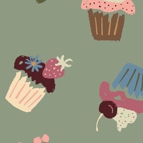 Festive party cupcakes fruit flowers pink blue on garden green - MEDIUM SCALE