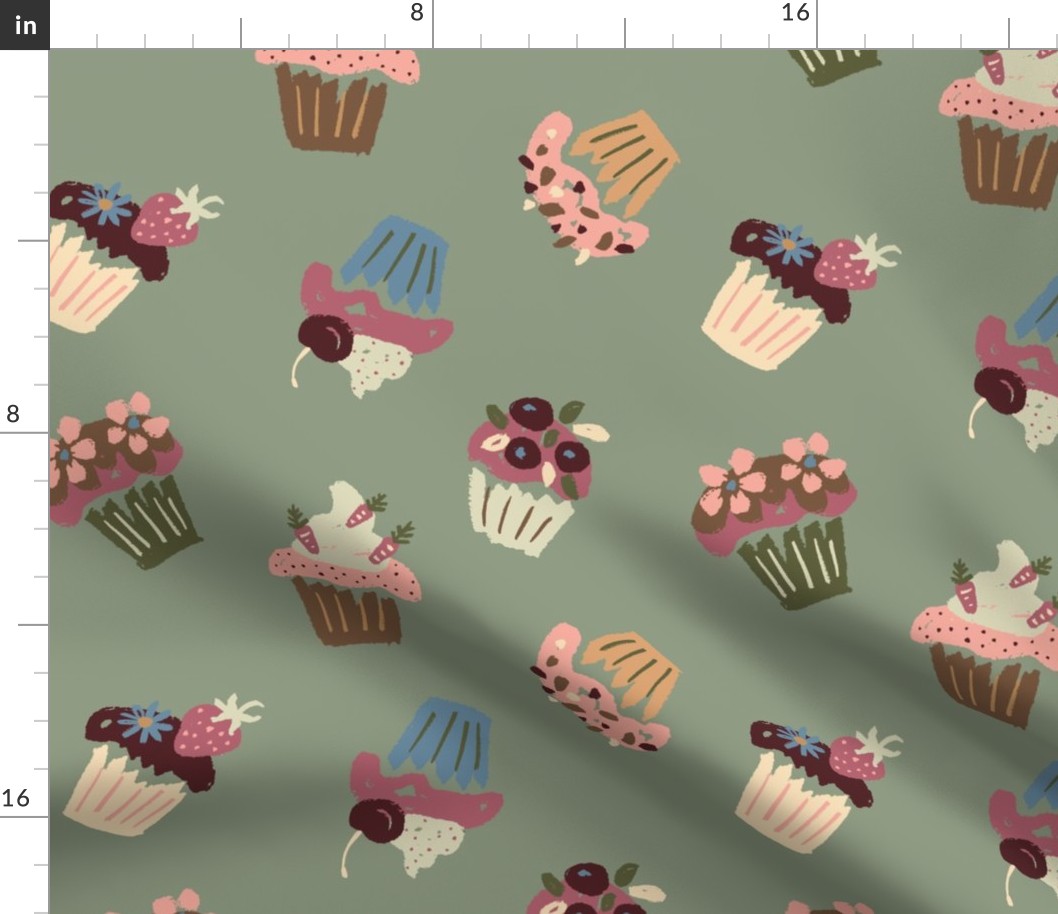 Festive party cupcakes fruit flowers pink blue on garden green - MEDIUM SCALE