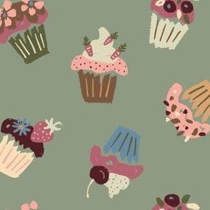 Festive party cupcakes fruit flowers pink blue on garden green - SMALL SCALE