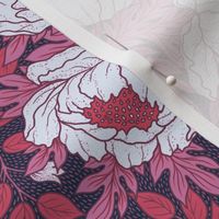 Art Nouveau Peony pink and red leaves on dark blue background M scale