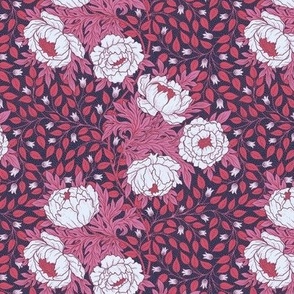 Art Nouveau Peony pink and red leaves on dark blue background  S scale
