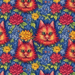 red cats and blue flowers inspired by louis wain