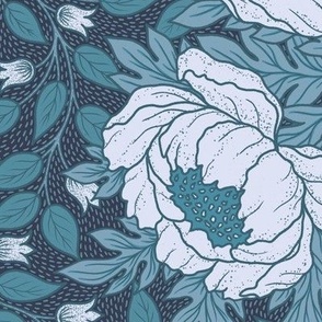Art Nouveau Peony monochromatic teal on dark blue textured background L scale
