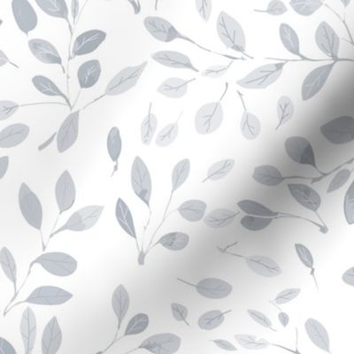 flying falling leaves in shades of  an neutral silver grey on white - medium scale