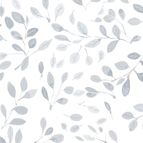 flying falling leaves in shades of  an neutral silver grey on white - large scale