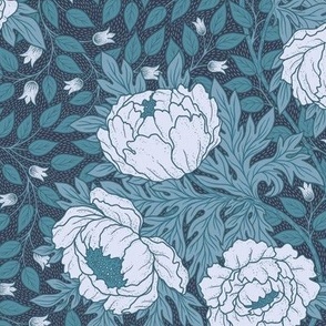 Art Nouveau Peony monochromatic teal on dark blue textured background M scale