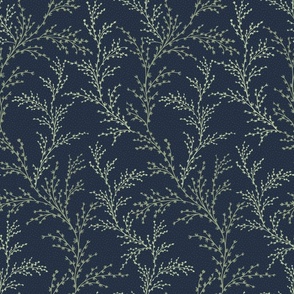 Dark blue floral vines. Green leaves branches.