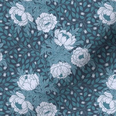 Art Nouveau Peony monochromatic teal on dark blue textured background S scale