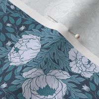 Art Nouveau Peony monochromatic teal on dark blue textured background S scale
