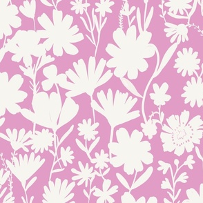 Large - Silhouette flowers - soft white and Fondant pink - Painterly meadow floral