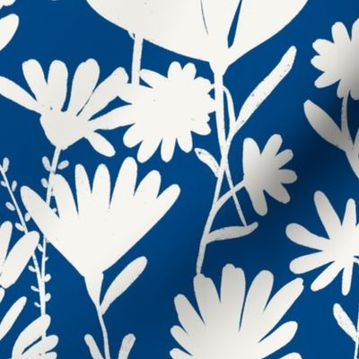 Large - Silhouette flowers - soft white and Honor Blue - Painterly meadow floral