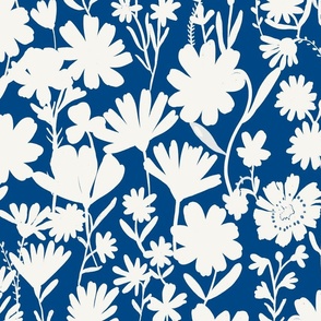 Large - Silhouette flowers - soft white and Honor Blue - Painterly meadow floral