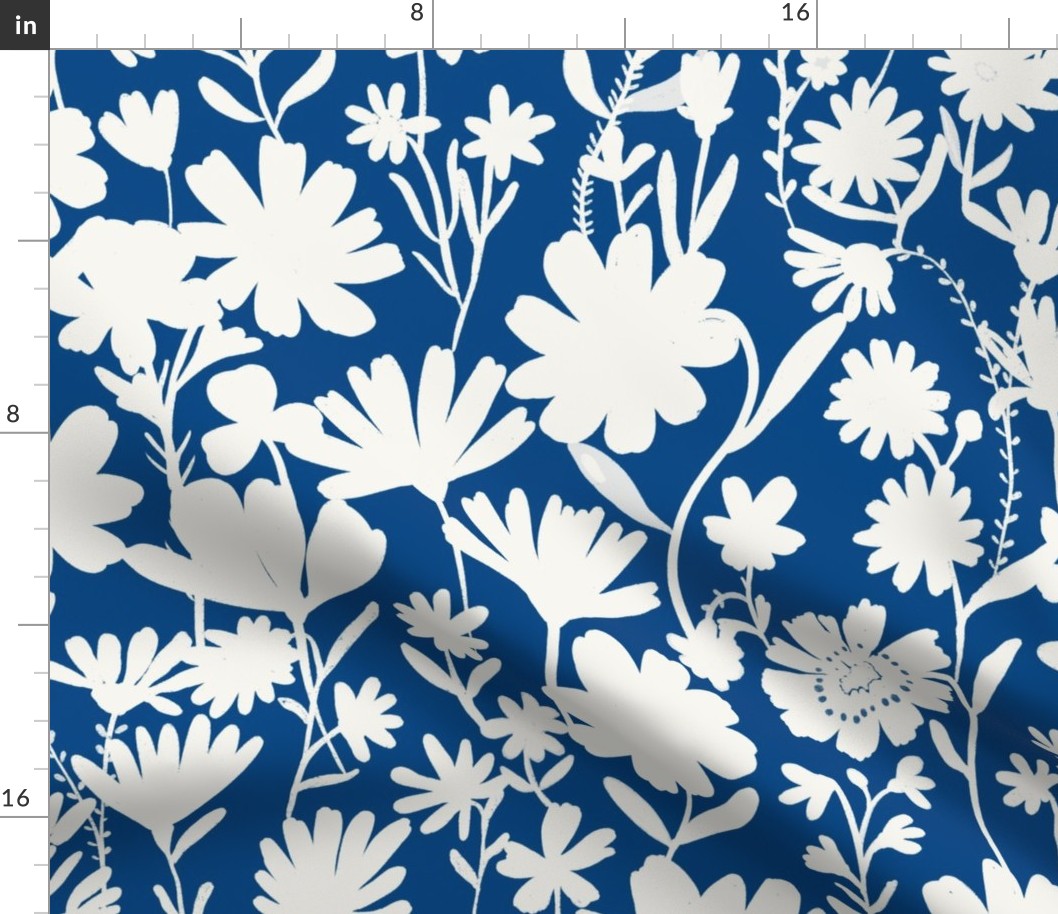 Large - Silhouette flowers - soft white and Honor Blue - Painterly meadow floral