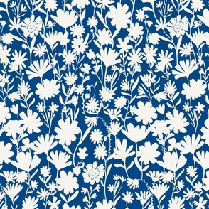 Medium - Silhouette flowers - soft white and Honor Blue - Painterly meadow floral