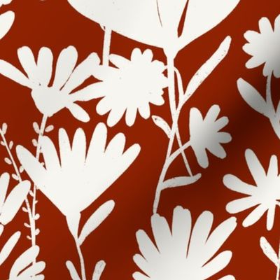 Large - Silhouette flowers - soft white and Hot Fudge red brown - Painterly meadow floral
