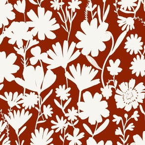 Large - Silhouette flowers - soft white and Hot Fudge red brown - Painterly meadow floral