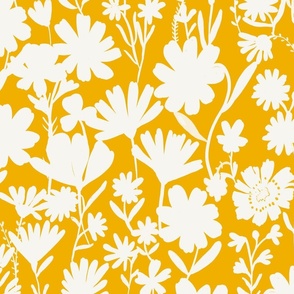 Large - Silhouette flowers - soft white and Mustard yellow - Painterly meadow floral