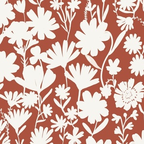 Large - Silhouette flowers - soft white and Terracotta red brown - Painterly meadow floral