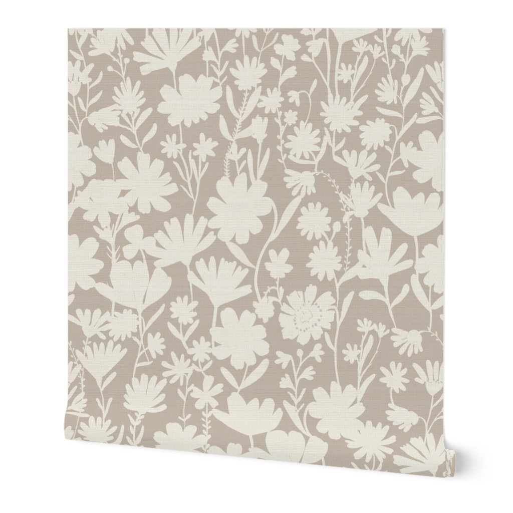 Large - Silhouette flowers - soft white and Smoke cloud gray grey - Painterly meadow floral