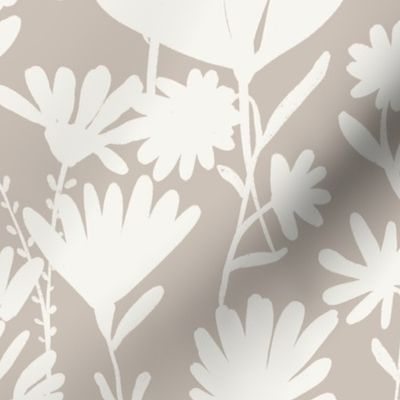 Large - Silhouette flowers - soft white and Smoke cloud gray grey - Painterly meadow floral