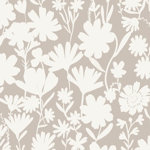 Large - Silhouette flowers - soft white and Smoke cloud gray grey - Painterly meadow floral