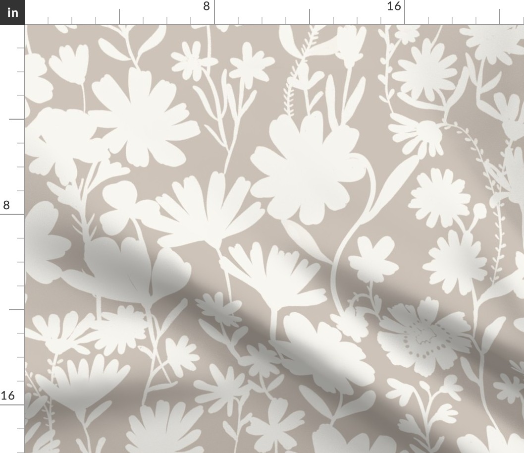 Large - Silhouette flowers - soft white and Smoke cloud gray grey - Painterly meadow floral