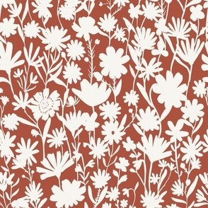 Medium - Silhouette flowers - soft white and Terracotta red brown - Painterly meadow floral