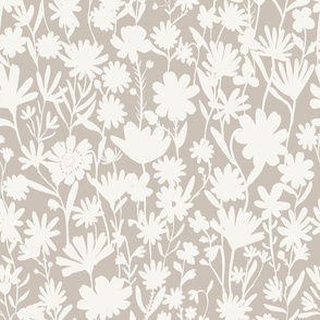 Medium - Silhouette flowers - soft white and Smoke cloud gray grey - Painterly meadow floral