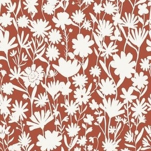 Small - Silhouette flowers - soft white and Terracotta red brown - Painterly meadow floral