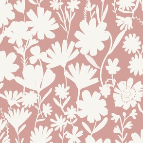 Large - Silhouette flowers - soft white and Soft pink - Painterly meadow floral