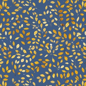 flying falling leaves in shades of yellow on blue - medium scale