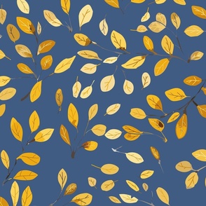 flying falling leaves in shades of yellow on blue - large scale